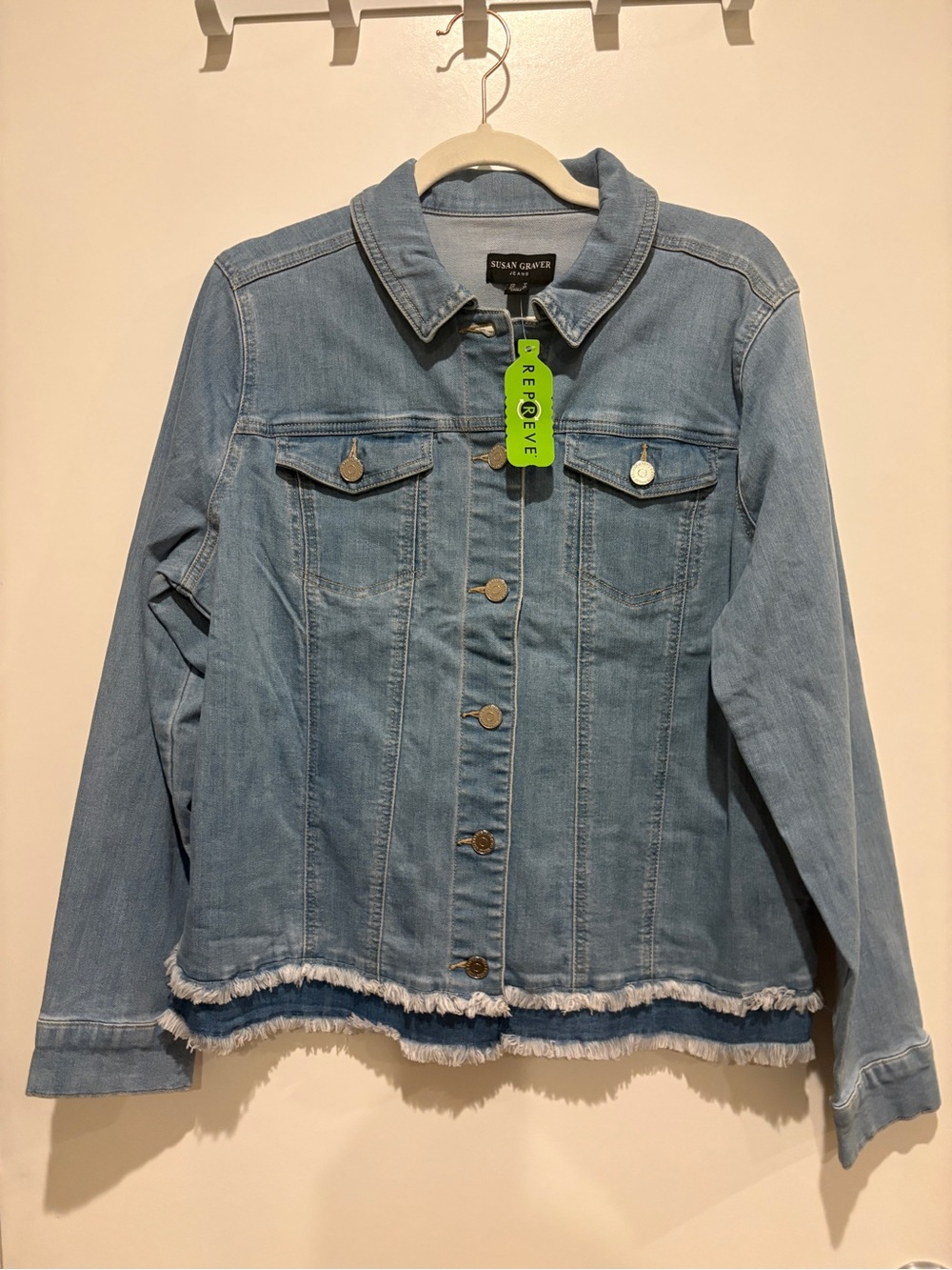Susan Graver Light Denim Jean Jacket with Frayed Hem Trim